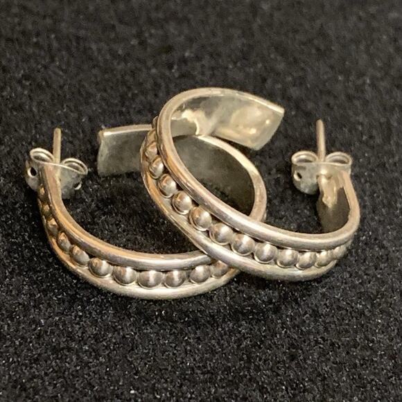 Sterling Silver Beaded Hoop Earrings Made in Mexico - Picture 1 of 8